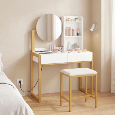 Tocador con espejo y taburete, escritorio de maquillaje con cajones y estantes abiertos, mueble organizador de cosméticos para dormitorio, estación de maquillaje para el hogar