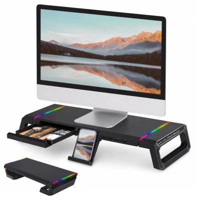 Soporte Plegable para Monitor de Computadora, Elevador Ergonómico para Laptop con 1 Puerto USB3.0 y 3 Puertos USB2.0, Luz RGB, Caja de Almacenamiento, Soporte para Teléfono y Tablet, Organizador de