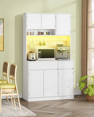 Mueble de Cocina, Aparador, Mueble Alto con Enchufes y Tiras de Luz LED, con Encimeras y Dos Cajones