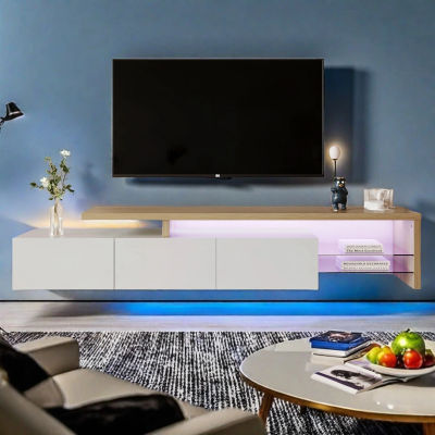 Mueble de TV de diseño moderno, 200 cm de largo, mueble de TV bajo, mesa de TV, mueble de TV, espacio de almacenamiento práctico, estantes de cristal, aspecto de madera, mesa de TV con iluminación