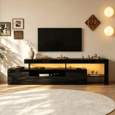 Mueble de TV moderno de 192 cm con acabado brillante, con múltiples compartimentos de almacenamiento, mesa consola baja negra adecuada para televisores de 85 pulgadas