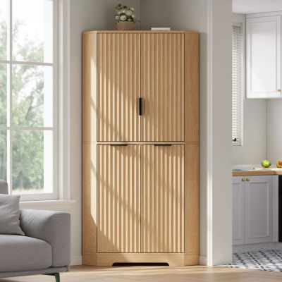 Mueble de Esquina de 60X60X172Cm con 4 Puertas y Estantes Ajustables, Apto como Aparador para Cocina, Comedor y Sala de Estar, Color Madera Natural