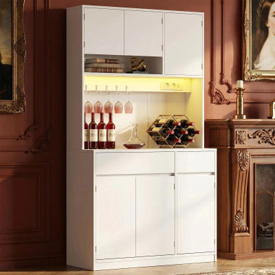 Mueble de Cocina, Aparador, Mueble Alto con Enchufes y Tiras de Luz LED, con Encimeras y Dos Cajones
