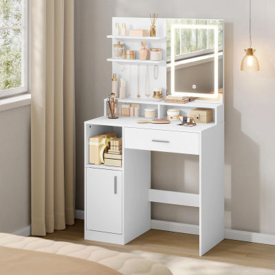 WOLTU Mesa de tocador para cosméticos con luces LED ajustables, mueble de tocador con espejo y 3 estantes, gabinete de almacenamiento para dormitorio