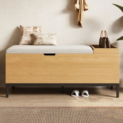 Banco para zapatos, banco de almacenaje, mueble con asiento, partes laterales con trenzado de ratán, 2 cajones, color: natural