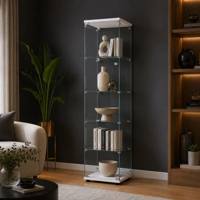 Vitrina de Vidrio con Cerradura, Armario Vitrina de 42,5 x 36,3 x 164 cm, Mueble Vitrina de 4 Niveles, Vitrina de Exhibición de 1 Puerta para Salón, Oficina, Figuras, Libros y Objetos de Colección,