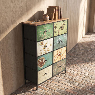 Cómoda Comanlai con Cajones de Tela, Cómoda de 8 Cajones, Mueble de Dormitorio, Estructura Metálica, Cocina, Oficina, Pasillo