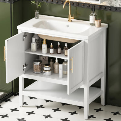 Mueble de baño individual de 80 cm con lavabo de cerámica y gabinete inferior, lavabo independiente blanco para decoración de baño