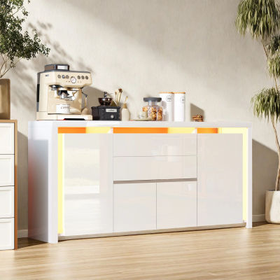 Aparador, mueble TV, con luces LED, 4 puertas, 2 cajones, mesa auxiliar, mueble almacenaje, cajonera, color blanco.