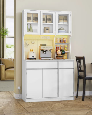 Mueble de Cocina Blanco, Mueble Buffet, con Enchufes y Tiras de Luz LED, con Encimeras y Dos Cajones, Estantes Ajustables, Cocina