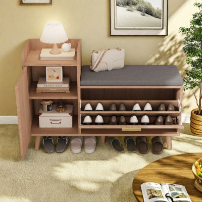 Mueble para zapatos estilo escandinavo bajo de 100x30x70cm, banco tapizado con almacenamiento y patas de madera maciza