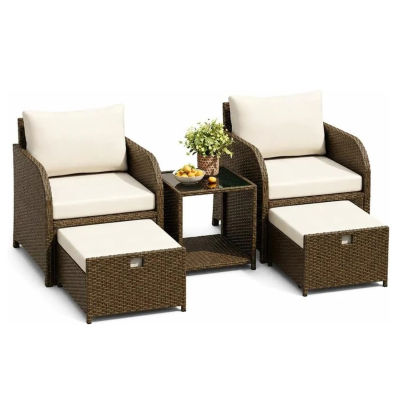 Conjunto de Muebles de Jardín de Ratán de 5 Piezas | Sofá de patio de mimbre para todo tipo de clima con 2 sillones, 2 otomanas y mesa de centro de vidrio templado - Conjunto modular de conversación