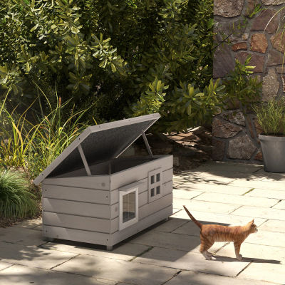 Casa de Madera para Gatos para Exteriores, Refugio Aislado Resistente a la Intemperie con Techo Abrible, Mueble Grande para Gatos de Interior y Exterior