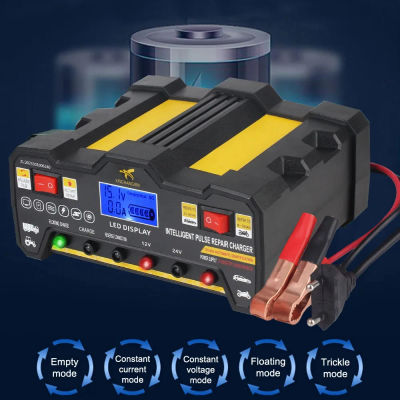 Cargador de Baterías Inteligente con Reparación por Pulsos, Enchufe EU 12V/24V, Cargador Automático para Baterías de Plomo-Ácido de Coche y Motocicleta con Pantalla LCD