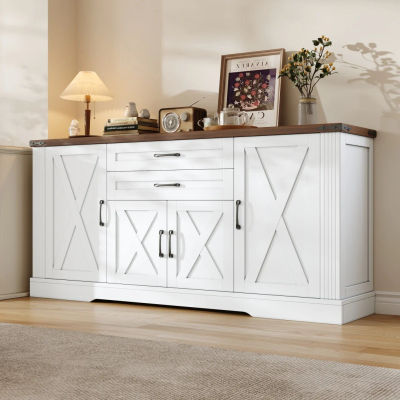 Aparador de Cocina con Encimera, Mueble Buffet con 4 Puertas y 2 Cajones, Isla de Cocina, Mueble de Salón, Armario de Almacenamiento para Salón, Cocina, Comedor, Blanco, 160x39x81.5cm