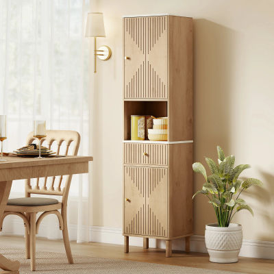Armario de Almacenamiento de Madera Estrecho y Alto con Puertas con Rejillas; Mueble de Baño Delgado y Independiente; Aparador con Compartimentos Abiertos; Apto para Cocinas, Comedores, Salas de Estar