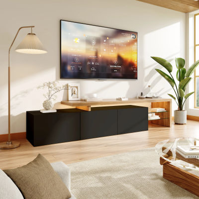 Mueble de TV moderno, soporte para TV con iluminación LED y acabado de alto brillo, práctico espacio de almacenamiento, aspecto madera, estantes de cristal, mueble bajo para TV para salón, comedor y