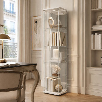 Vitrina de Vidrio Templado con LED Multicolor, Armario Vitrina de 42,5 x 36,5 x 164 cm, Mueble Vitrina con Cerradura, Fondo de Espejo, 4 Estantes, para Salón, Oficina, Figuras y Libros