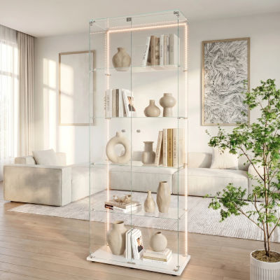 Vitrina de Vidrio Templado Anajqaqia, Librería Independiente de 2 Puertas y 5 Estantes, Mueble de Almacenamiento Decorativo para Exhibición de Colecciones en Sala de Estar, Blanco