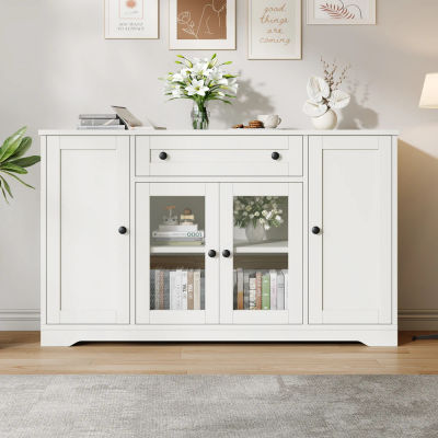 Aparador de Cuatro Puertas con 2 Puertas de Vidrio y 1 Cajón, Apto para Sala de Estar, Comedor y Pasillo, 138X40X83 Cm, Estilo Moderno, Mueble de Almacenamiento Versátil, Blanco