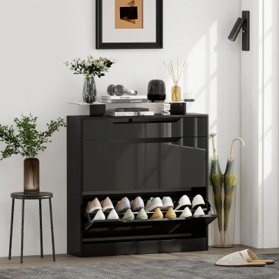 Mueble zapatero negro brillante con 2 cajones abatibles y 1 cajón deslizable, mueble de almacenamiento de zapatos a prueba de polvo para entrada, zapatero multiusos para recibidor, puerta principal,