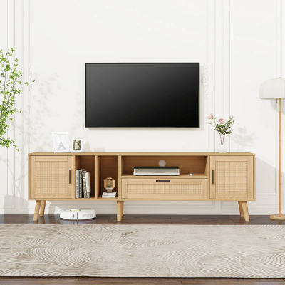 Espacioso mueble RTV de 180 cm de ancho con decoración de ratán, 2 puertas y cajón, patas de madera maciza, con capacidad para TV de 80 pulgadas, mueble RTV, mesa RTV