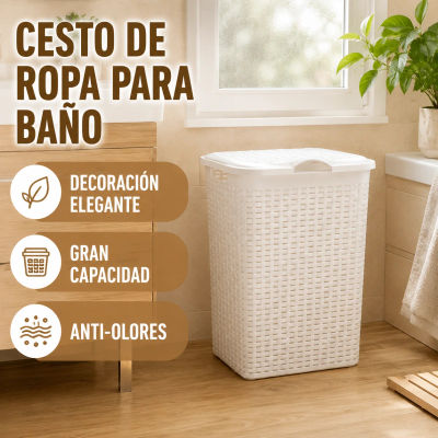 Cesto de Ropa Sucia 4 Colores con Tapa Anti-Olores, 49x39x30cm, Diseño Rústico de Mimbre Plástico, Gran Capacidad, Resistente y Fácil de Limpiar, Ideal para Baño y Lavandería, Organiza tu Hogar con