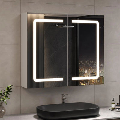 Mueble de baño con espejo LED, 70x16x60cm, tocador montado en la pared con taburete, bolsa ajustable, 3 luces de colores, blanco