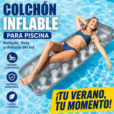 Colchón Inflable para Piscina 188×71cm, con Almohada Integrada y 18 Bolsillos, PVC Resistente, Ideal para Relajación en el Agua