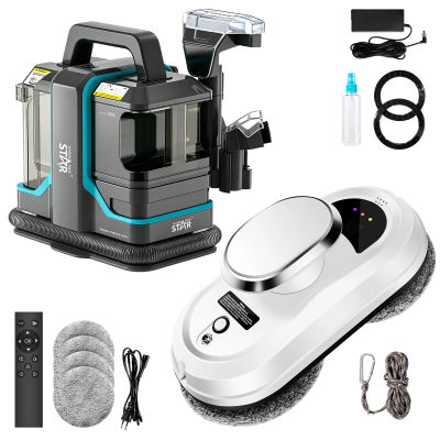 Set de Limpieza del Hogar 2 en 1, Robot Limpiacristales de 5600Pa (Protección contra Apagado por Batería/Control Remoto/Anticaída) + Máquina de Limpieza de Alfombras Integrada con Succión por