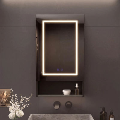 Mueble de baño con espejo e iluminación LED, mueble de baño con espejo y luz de 3 colores, mueble con espejo LED con almacenamiento y estante ajustable, 88x50x16 cm
