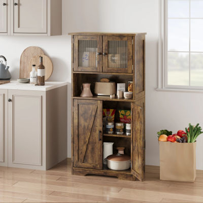 Armario de Cocina Independiente con Puertas de Vidrio y Estantes Ajustables, Alacena Vertical, Mueble de Almacenamiento para Sala de Estar