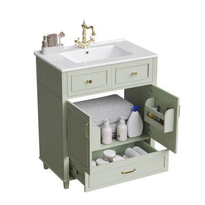Mueble bajo lavabo con lavabo de cerámica, cajón con cierre suave, moderno mueble de baño con gran espacio de almacenamiento, tiradores metálicos