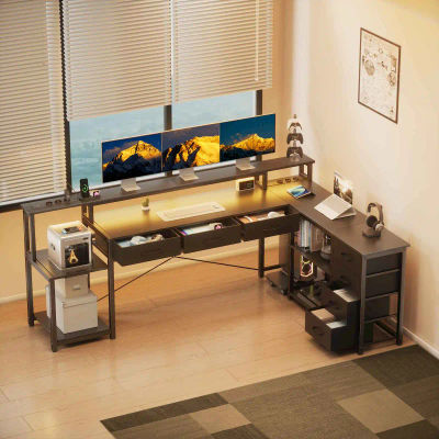 Escritorio, Escritorio Cuadrado con Cajones, Tomas de Corriente y Puertos USB, Incluye Soporte para Monitor e Iluminación LED, Negro