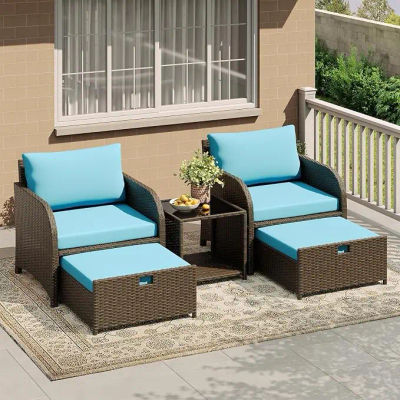 Conjunto de Muebles de Jardín de Ratán con Asiento de 71 cm de Ancho, 2 Sillas/Taburetes, Juego de 5