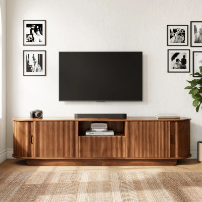 Mueble de TV moderno de 180 cm con puerta corrediza texturizada en 3D, mueble de TV con cajones y almacenamiento abierto, panel bajo de TV para sala de estar 180×40×50 cm