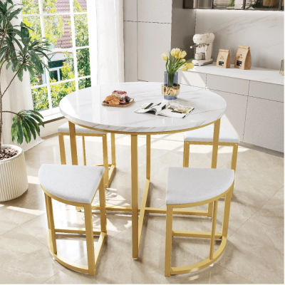 Juego de Mesa de Comedor Blanca con 4 Sillas, Tablero de MDF y Estructura de Hierro Dorado, Sillas Tapizadas en Terciopelo, Combinación de Muebles de Comedor Modernos y de Lujo para el Comedor