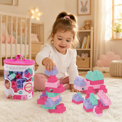 Bloques de Construcción Blandos Montessori para Bebés y Niñas - Set de 48 Piezas de Goma Suave Sin BPA - Juguete Educativo Sensorial y Mordedor con Bolsa de Regalo - Rosa Pastel