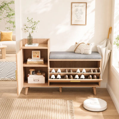 Zapatero escandinavo 100x30x70cm, banco tapizado con almacenamiento y patas de madera maciza, mueble recibidor funcional