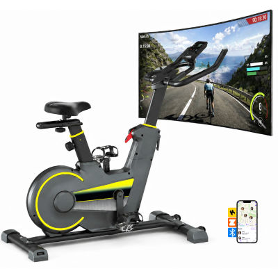 Bicicleta estática de interior con aplicación inteligente, bicicleta de spinning ultra silenciosa, resistencia ajustable, monitor LCD y sensor de frecuencia cardíaca, capacidad máxima de peso 160 kg,