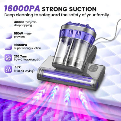 Aspiradora para Colchones M1, Aspiradora de Mano para Camas con Succión de 16Kpa, Luz UV-C de 253.7nm, 65 ℃ Aire caliente, doble taza