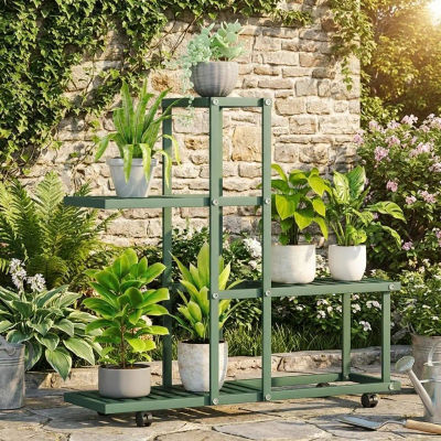 Soporte para plantas de metal con ruedas y freno, de varios niveles, para esquina, con revestimiento antirust, ahorrador de espacio, para sala de estar, balcón, jardín.