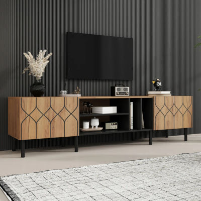 Mueble para TV de dos puertas con 4 compartimentos abiertos, mueble bajo para televisión para la sala de estar, MDF, 180x40x50 cm, apto para televisores de hasta 70 pulgadas, color madera natural +