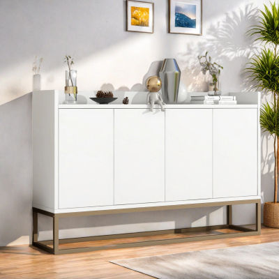 Comanlai Aparador moderno de estilo minimalista, mueble buffet sin manija de 4 puertas para salón, mueble de almacenamiento, blanco