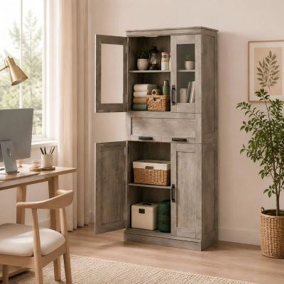 Mueble de Baño Zstar, Armario Alto con Puertas de Vidrio y Cajón | Armario de almacenamiento gris de 60x30x170 cm con estantes ajustables para baño, cocina y despensa
