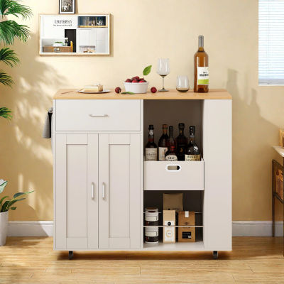 Carrito de Cocina Anajqaqia de 102x46x92cm, Mueble para Cubiertos con Ruedas y 3 Estantes para Especias, Independiente con Encimera, Blanco