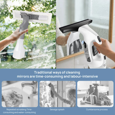 Aspiradora de ventanas inalámbrica 2 en 1 con botella pulverizadora y paño de microfibra, limpiador de ventanas eléctrico recargable por USB, limpiador portátil de vidrio, espejos, azulejos, duchas y
