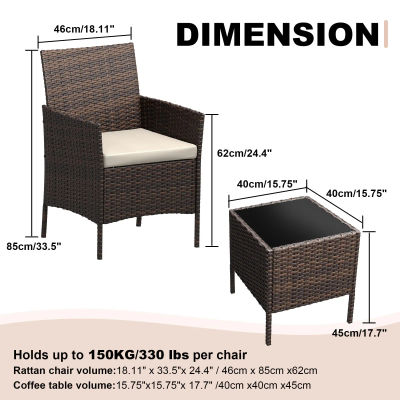 Conjunto de muebles de jardín de ratán, conjunto de muebles de balcón de 3 piezas con una mesa de jardín resistente a la intemperie y 2 sillas, conjunto de sillones de balcón, muebles de jardín,