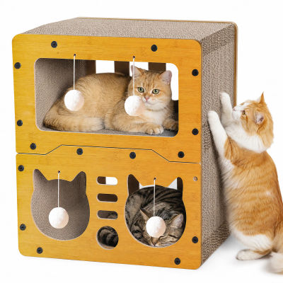Rascador para Gatos de Cartón, Casa para Gatos 3 en 1 con Tabla de Rascar, Castillo de Juego Interactivo para Gatos Pequeños y Medianos de Interior, Mueble de Papel Corrugado Reciclable y Duradero