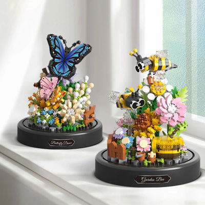 Bloques de Construcción de Bonsái de Flores y Mariposas, Modelo de Planta en Maceta con Cubierta Antipolvo, Juguete Educativo DIY, Regalo Navideño